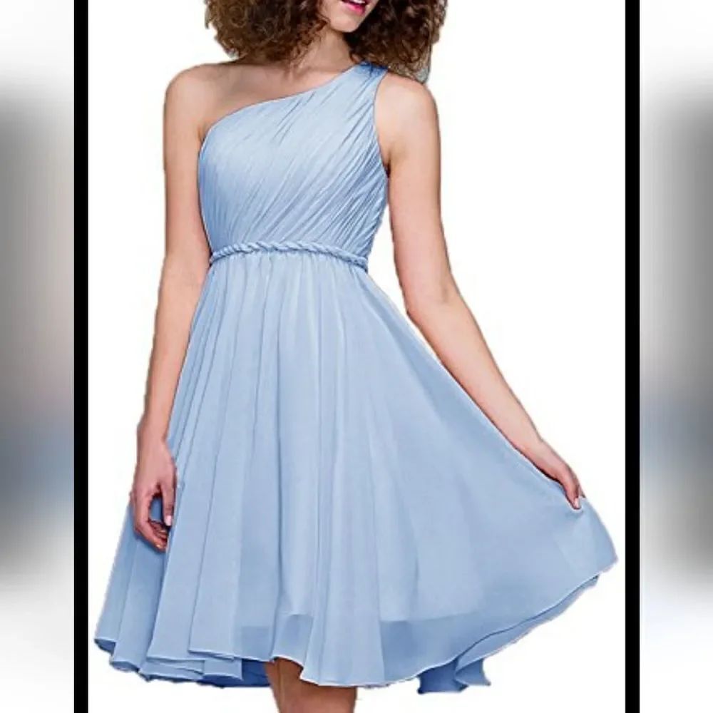 Blue sheer bridesmaid dress with one shoulder midi